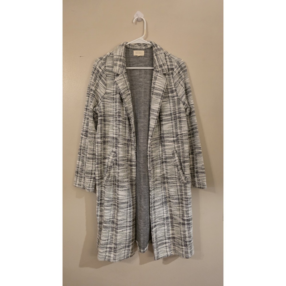 Melloday Plaid Coat Open Front Midweight Pockets Notch Lapel Wht Blk Med #16433